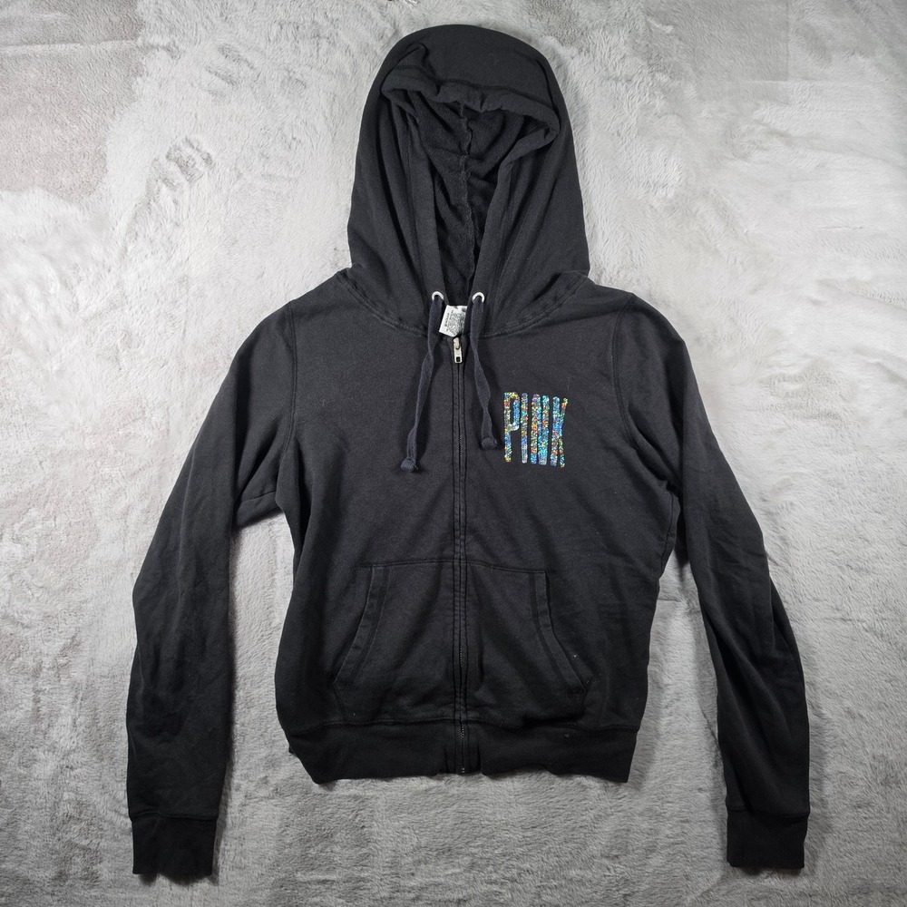 PINK Victoria's Secret Zip Up Hoodie‎ Womens Medium Black Sequin Chicago Logo